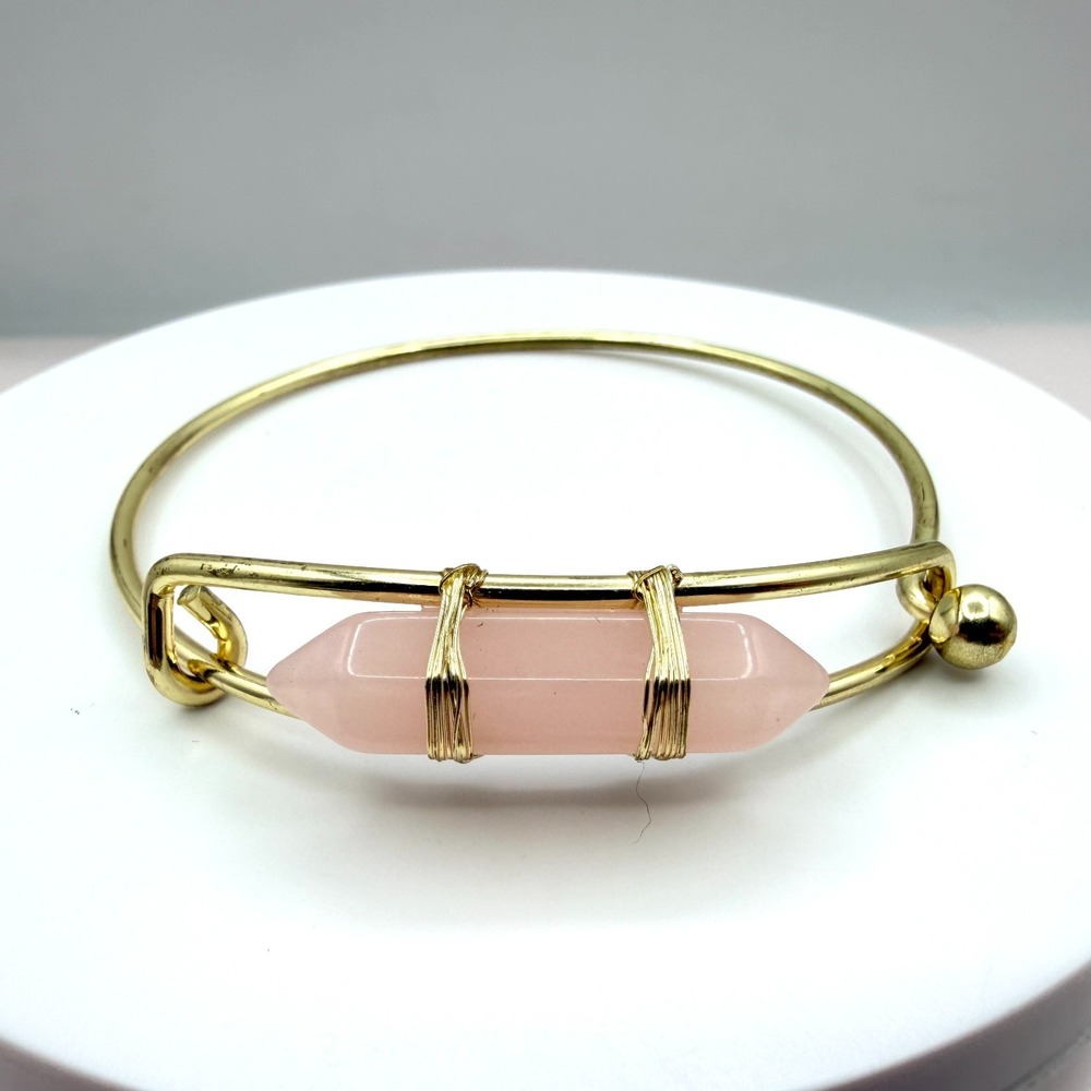 Vintage Gold Tone Hook Bangle Bracelet with Pink Quartz Boho Style